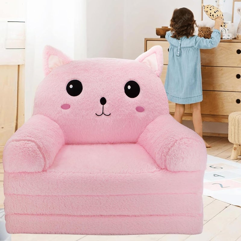 Singda Toddler Chair Toddler Couch: 2-in-1 Kids Chairs Comfy Kids Sofa Fold Out for Girls and Boys 1-3 Years Old, Pink Cat - Image 1